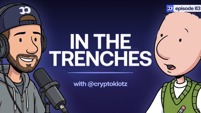 A podcast thumbnail titled 'IN THE TRENCHES with @cryptoklotz' featuring cartoon illustrations of two men, one with headphones at a microphone and another holding a pencil.