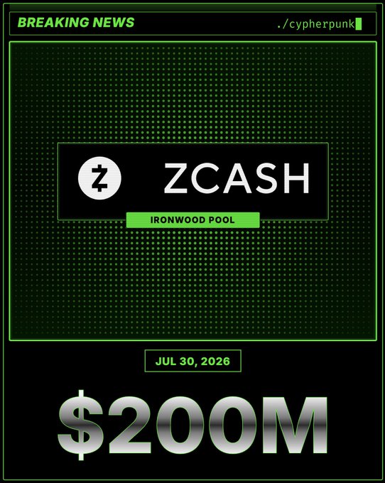 A cyberpunk-styled breaking news graphic dated JUL 30, 2026, featuring the ZCASH logo and "IRONWOOD POOL" label alongside bold "$200M" text, visually reinforcing the announcement that the Ironwood shielded pool surpassed $200 million in ZEC holdings within 48 hours of activation.