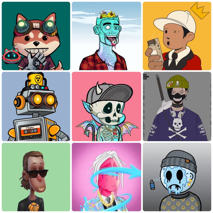 A 3x3 grid of nine distinct NFT-style cartoon characters, including a cat with goggles, a zombie, a robot, a skull-headed character, and various other stylized avatars.