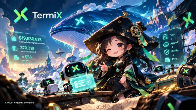 A promotional graphic for TermiX featuring an anime-style character in a witch hat, displaying stats including $19,680,875 settled via onchain escrow and 370,319 jobs completed, with 'Task, Agent, Verify, Pay' options.
