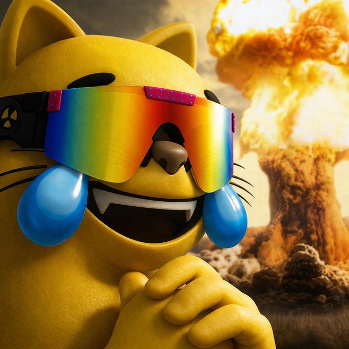 A 3D-rendered cartoon yellow cat character wearing rainbow sunglasses with blue water drop earrings, grinning mischievously with an atomic mushroom cloud explosion in the background.