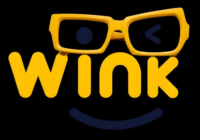 A 3D-rendered logo featuring yellow eyeglasses with a winking eye and smile above the text 'WInK' in bold yellow letters.