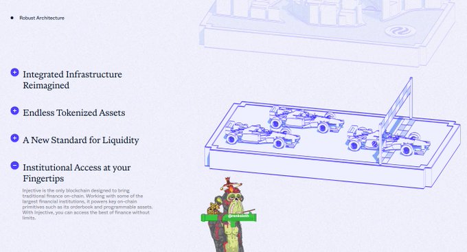 The image showcases Injective's features—"Integrated Infrastructure Reimagined," "Endless Tokenized Assets," "A New Standard for Liquidity," and "Institutional Access at your Fingertips"—alongside a futuristic Formula 1-style race track, reinforcing the post's message that $INJ is engineered as a high-performance financial infrastructure built for speed, precision, and institutional-grade onchain markets.