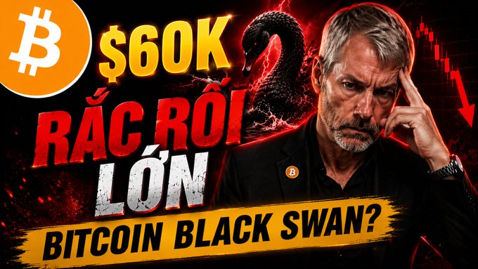 A YouTube thumbnail features a concerned-looking Michael Saylor with the text "$60K," "RẮC RỐI LỚN," and "BITCOIN BLACK SWAN?" alongside a Bitcoin logo and red downward price chart, promoting a video about potential Bitcoin trouble and a possible black swan event.