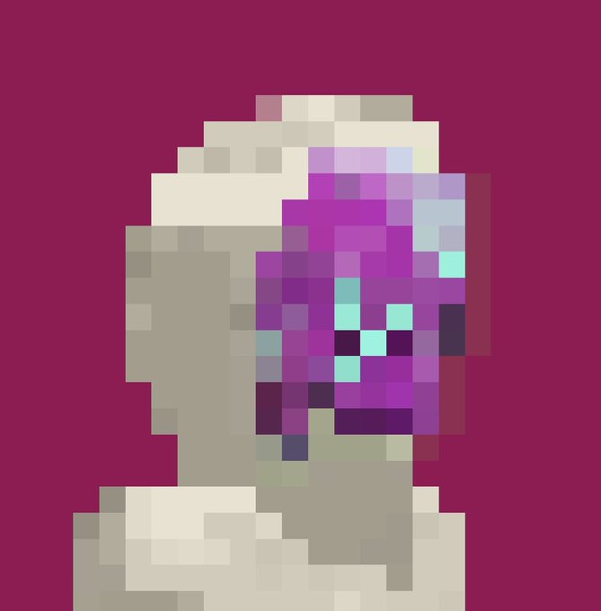 A pixel art portrait of a hooded figure with a vibrant purple and pink face against a deep maroon background, representing the Argonaut NFT that was sold for 38 ETH (approximately $100,000). The image illustrates the high-value digital collectible mentioned in the post about the NFT sale.