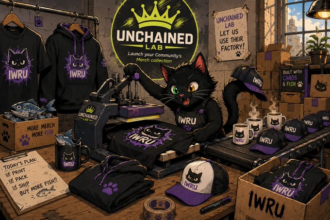 An illustration displays a "UNCHAINED LAB" merchandise collection featuring a black cat and the word "IWRU" on t-shirts, hats, and mugs, alongside a sign reading "UNCHAINED LAB LET US USE THEIR FACTORY!" and a clipboard with the text "TODAY'S PLAN: PRINT, PACK, SHIP, BUY MORE FISH!"