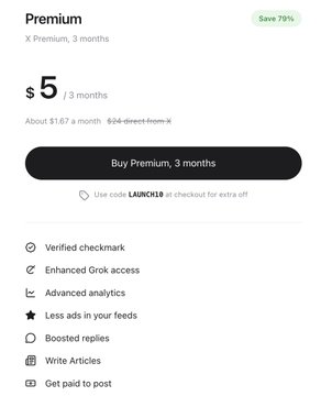 A promotional image advertising discounted X Premium subscriptions, highlighting a 3-month plan for $5 (down from $24) with a 75% savings tag and a promo code "LAUNCH13," featuring perks like verified checkmarks, enhanced Grok access, and boosted replies.