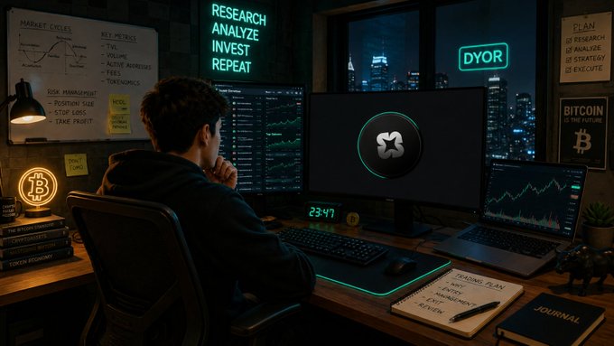 An illustrated scene of a young man analyzing cryptocurrency charts on multiple monitors at a nighttime desk setup, with neon signs reading "RESEARCH ANALYZE INVEST REPEAT" and "DYOR" (Do Your Own Research).