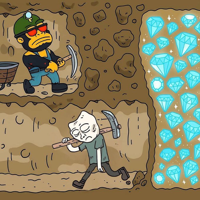 A cartoon illustration shows two miners—one with red sunglasses digging with a pickaxe—working their way through earth toward a large vein of sparkling blue diamonds.