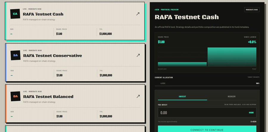 A screenshot of a cryptocurrency investment interface showing 'RAFA Testnet Cash' with a share price of $1.00 and TVL of $1,000,000, alongside a portfolio preview panel with current allocation showing 100% in USDC and invest/redeem options.
