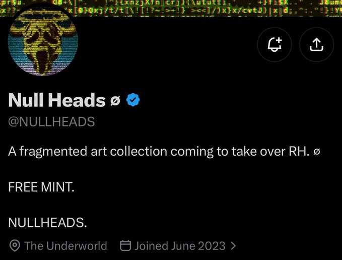 A Twitter/X profile screenshot for 'Null Heads' (@NULLHEADS) with bio 'A fragmented art collection coming to take over RH. ø', 'FREE MINT', 'NULLHEADS.', location 'The Underworld', and 'Joined June 2023'.