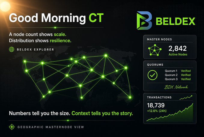 A 'Good Morning CT' dashboard graphic for BELDEX, showing 2,842 active master nodes, verified quorums, 18,739 transactions with a +12.6% (24h) increase, and a green node network map.