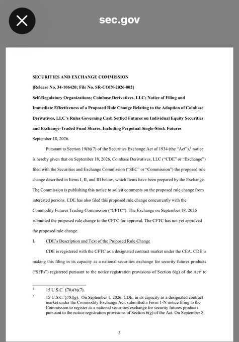 A page from the sec.gov website shows an SEC filing regarding Coinbase Derivatives, LLC's rules governing cash-settled futures on individual equity securities and exchange-traded fund shares.