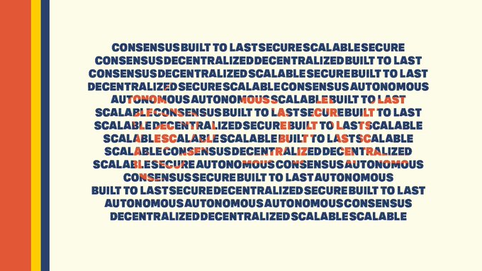 A word cloud featuring cryptocurrency buzzwords like 'CONSENSUS', 'SECURE', 'SCALABLE', 'DECENTRALIZED', and 'AUTONOMOUS' in red and blue text.
