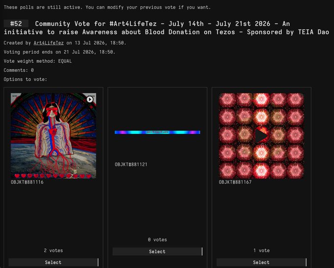 A voting interface for #Art4LifeTez community poll from July 14th-21st 2026 for blood donation awareness, sponsored by TEIA Dao, showing three artwork options with vote counts (2, 0, 1).