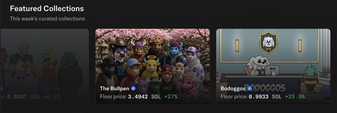 NFT marketplace 'Featured Collections' page displaying 'The Bullpen' (3.4942 SOL) and 'Bodogg' (0.9933 SOL) trending collections.