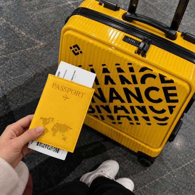 A hand holds a yellow passport holder with a boarding pass in front of a bright yellow suitcase boldly branded with "BINANCE" lettering, set against a tiled airport floor. The image visually reinforces the post's travel-themed message "Set off with Binance, no limits to the next stop," symbolizing the brand's global reach and borderless ambitions.