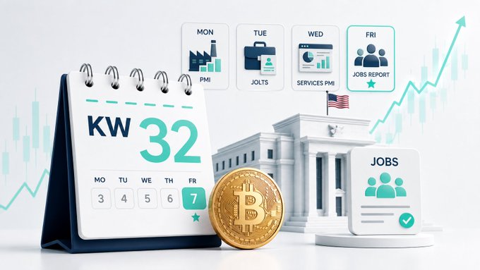 A calendar marked "KW 32" highlights Friday as "JOBS REPORT" alongside icons for MON PMI, TUE JOLTS, and WED SERVICES PMI, with a Bitcoin coin and a rising chart symbolizing potential crypto market moves tied to the upcoming U.S. economic data releases.
