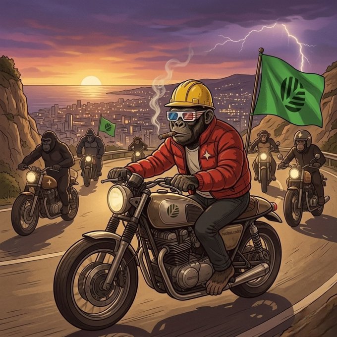 An anthropomorphic gorilla leads a biker gang down a coastal highway at sunset, riding a motorcycle emblazoned with "CNPY" while flying a green CNPY Network flag, with fellow riders trailing behind carrying matching flags. The image visually reinforces the post's message about @CNPYNetwork's pioneering role in simplifying Web3 network deployment—the gorilla crew symbolizes CNPY's troop blazing an easier trail past the "speed wars" that the post argues miss the real infrastructure friction in launching secure networks from scratch.
