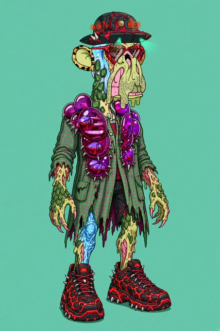 A colorful cartoon-style illustration of a grotesque zombie-like character wearing a green tattered coat, a black cap with a skull logo, oversized purple beaded necklace, and red sneakers, set against a teal background.