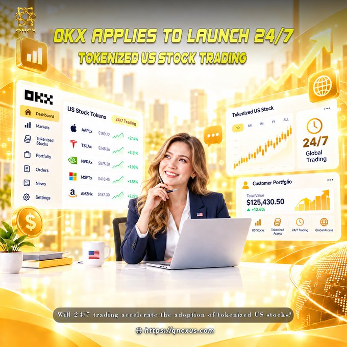 An OKX promotional graphic announcing the launch of '24/7 Tokenized US Stock Trading,' showing a woman at a laptop with a dashboard displaying stock prices like AAPL, TSLA, NVDA, MSFT, and AMZN.