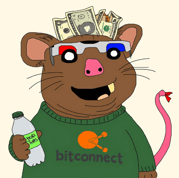A cartoon illustration depicts a brown mouse/rat character wearing a green 'bitconnect' sweater and 3D glasses, holding a 'BEAR HUGS' bottle, with money fanned out behind its head and a pink devil tail.