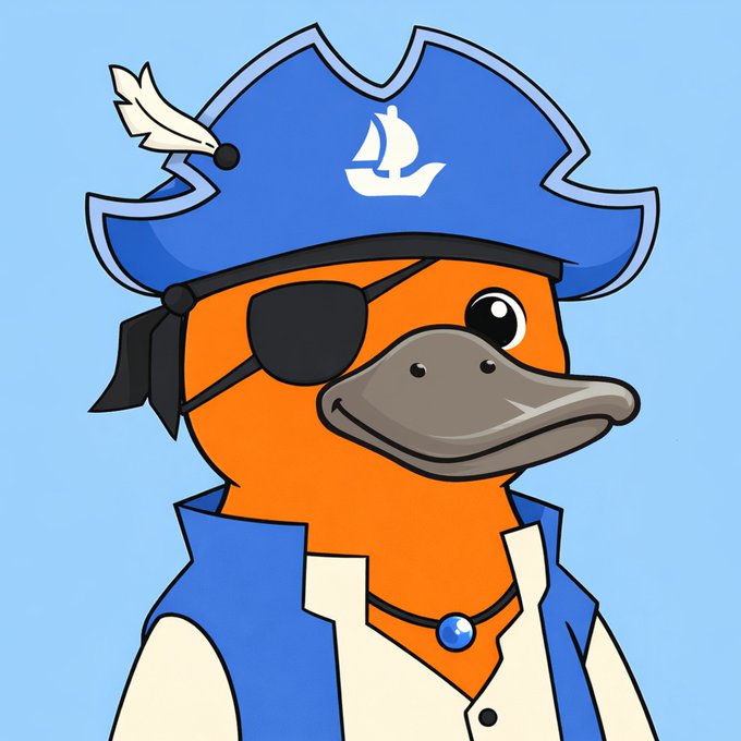 A cartoon duck dressed as a pirate, wearing a blue tricorn hat adorned with a small sailboat emblem, an eye patch, and a blue coat with a gemstone necklace, is shown against a light blue background.

The pirate duck imagery plays on the "plunder" theme, representing the mint opportunity being offered as a chance for the community to "seize the treasure" before time runs out, especially with the last-call urgency highlighted in the post.