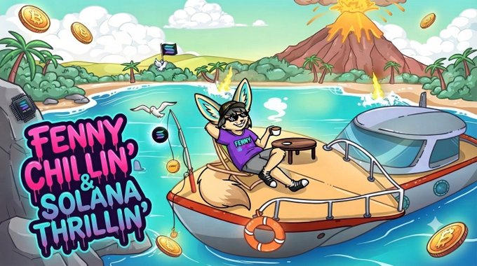 A colorful cartoon illustration promoting 'Fenny Chillin' & Solana Thrillin'' showing an anime character with bunny ears relaxing on a boat in a tropical setting with Bitcoin coins floating around a volcano.