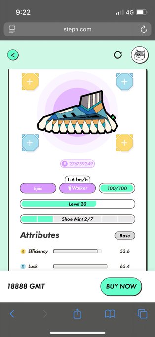 A screenshot from stepn.com showing a digital sneaker NFT priced at 18888 GMT, categorized as an Epic Walker at Level 20 with attributes for Efficiency (53.6) and Luck (65.4).