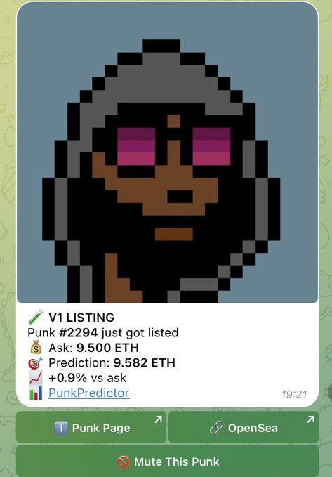 A digital trading card for CryptoPunk #2294 shows a pixelated figure with pink eyes, listed at 9.500 ETH with a PunkPredictor prediction of 9.582 ETH, including buttons for Punk Page, OpenSea, and Mute This Punk.