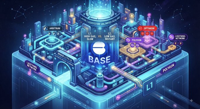 A futuristic, neon-lit digital illustration depicts a cityscape with a central 'BASE' structure, surrounded by interconnected networks labeled 'L1', 'L2', 'ARBITRUM', 'POLYGON', and 'OPTIMISM'.