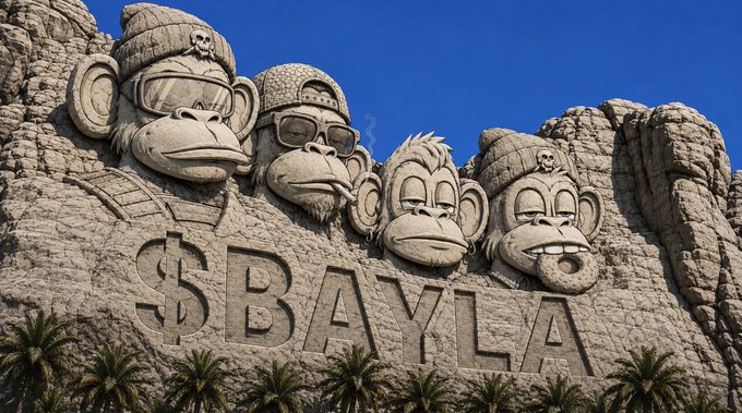 A rock-carved monument featuring four monkey faces wearing sunglasses and beanies, with 'BAYALA' and a dollar sign carved below them.