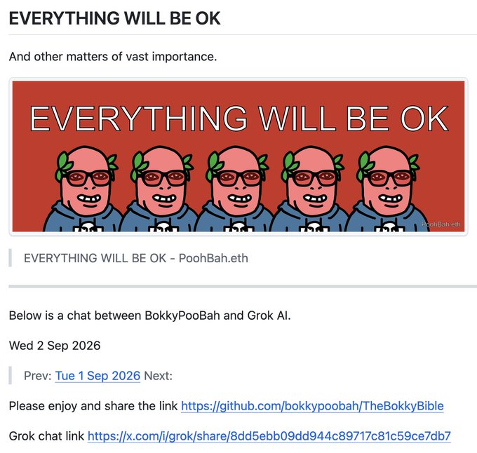A webpage titled "EVERYTHING WILL BE OK" featuring an illustration of five identical figures with green leaves in their hair, attributed to PoohBah.eth, with links to a GitHub repository and a Grok chat.