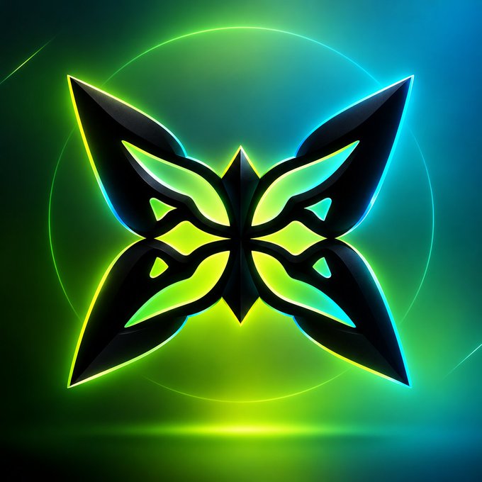 A glowing neon green and blue stylized butterfly logo on a dark background with circular light effects.