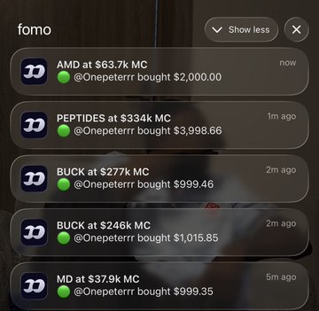 A FOMO notification panel displays recent Pump.fun token purchases by @Onepeterror, including AMD ($63.7k MC), PEPTIDES ($334k MC), BUCK ($246k MC), and MD ($37.9k MC), with buys ranging from $999 to $3,998.66. The "uu go js rekt" caption suggests Onepeterror suffered losses on these microcap meme coin trades, humorously framing the alerts as a record of their financial damage.