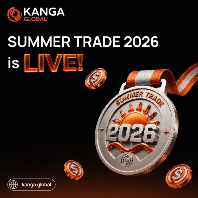 A promotional banner for 'KANGA GLOBAL' announcing 'SUMMER TRADE 2026 is LIVE!' featuring a 3D-rendered medal with a sun design and the year 2026, alongside dollar coins on a black background.