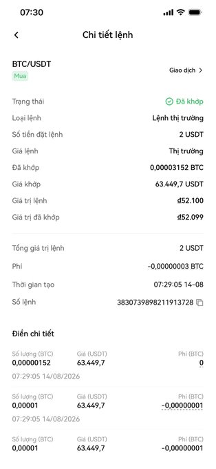 A Vietnamese cryptocurrency trading app screenshot showing order details for a BTC/USDT market buy at approximately 63,449.7 USDT.