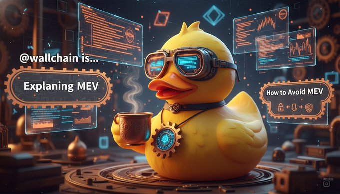 The image features a cartoon duck drinking coffee while wearing glasses, surrounded by tech-related graphics that suggest an explanation for how trading bots work and potentially how to avoid them. The main point of the post is to explain MEV (most traders lose 1% on every swap and never notice), which refers to the hidden tax where bot profit is maximized in meme pools. The image does not contain any explicit text, but it effectively communicates its message using visual elements such as the cartoon duck and various tech-related graphics.