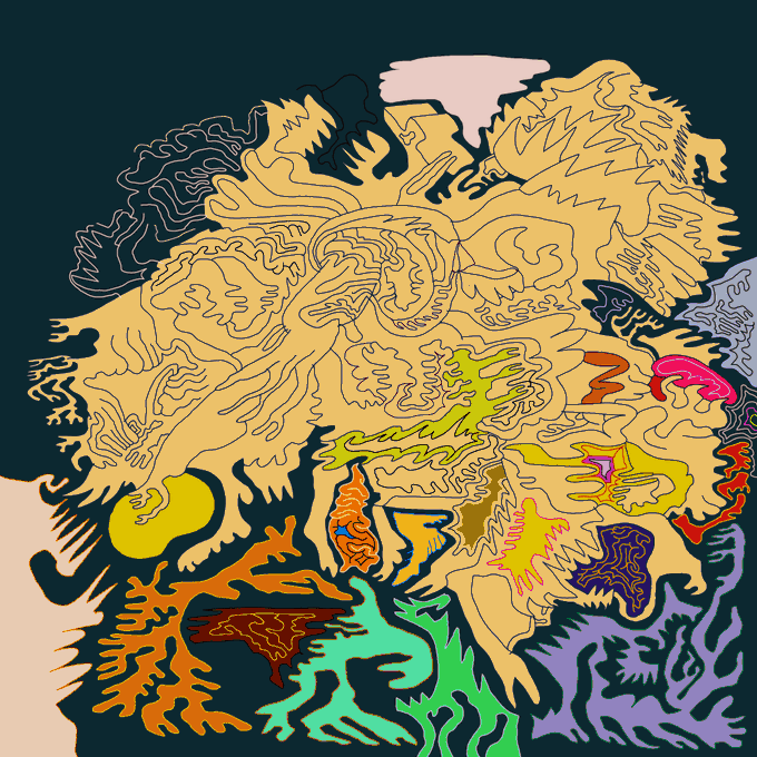 The image features a large, abstract piece of art with various shapes and colors that appear to be drawn or painted onto a dark background. The artwork has an interesting texture and appears to be made using lines and curves rather than traditional painting techniques. The artist's signature is not visible in the image but there are some words written below it, which could potentially be related to the art piece or its creator.