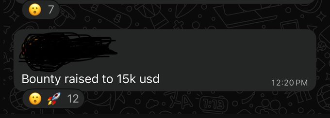 A chat message on a dark patterned background announces "Bounty raised to 15k usd" at 12:20 PM, with a 😮 reaction showing 7 counts and another 😮 🚀 with 12.
