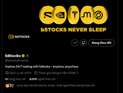 A social media profile for bStocks (@bstocksfinance) with the tagline 'bSTOCKS NEVER SLEEP' and the description 'Explore 24/7 trading with bStocks - anytime, anywhere.'