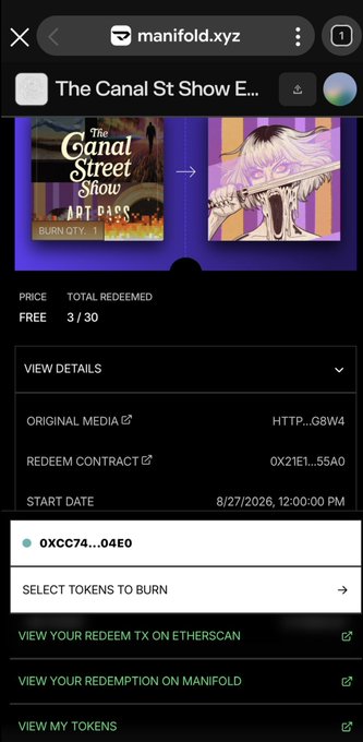 A mobile screenshot from manifold.xyz showing an NFT redemption page for 'The Canal St Show E...' with art badgers, priced FREE, 3/30 redeemed, redeem contract 0x21E1...55A0, starting 8/27/2026.