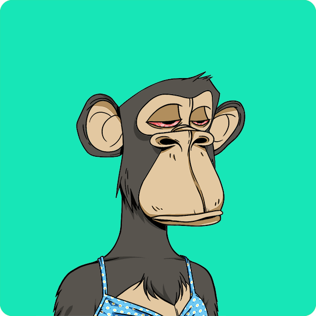 A cartoonish Bored Ape character with a disinterested expression, wearing a light blue patterned top against a teal background, representing Ape #5667 from the Bored Ape Yacht Club collection.