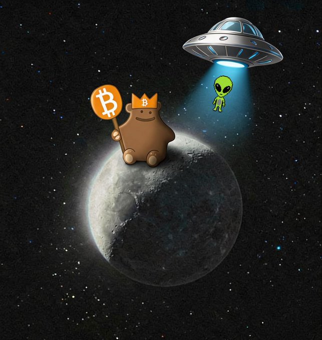 Whimsical digital illustration of a crowned Bitcoin mascot holding a Bitcoin picket sign on the moon, being beamed up by a UFO alongside a small green alien.