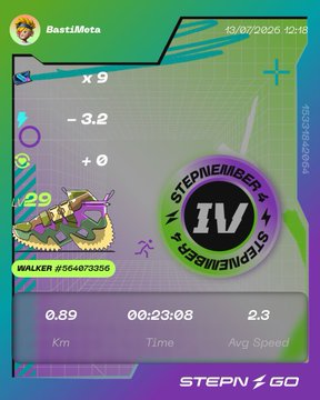 A Pokémon GO screenshot showing a wild Snivy (CP 429) encounter, attributed to trainer 'BastiMeta' at 12:16 on 13/07/2020, walking 0.89 km in 23:08 seconds at 2.3 avg speed, with a 'StepN StepN' NFT logo overlaid.