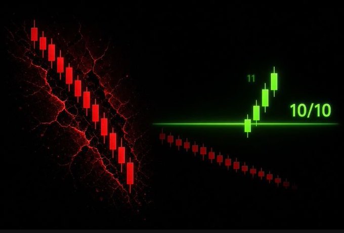 A trading chart visualization displays red descending candlesticks on a cracked dark background transitioning to ascending green candlesticks with a '10/10' rating indicator.