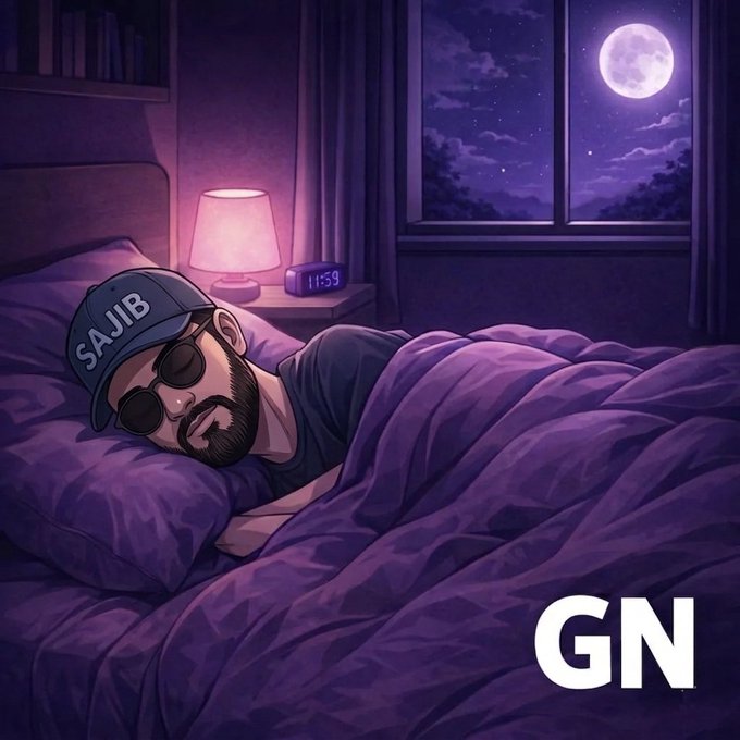 The image features a man sleeping in bed wearing a hat that says "Sajib" on it. The scene takes place at night with a full moon visible through an open window, creating a serene atmosphere. The caption for the image reads "Good Night CT Tomorrow looks promising with @NomismaNetwork, @RiverdotInc & @TheARCTERMINAL".