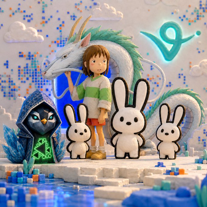 A stop-motion-style scene features a young girl in a green striped shirt standing beside a large blue dragon, flanked by three white bunny cookies and a hooded crystalline figure, with the bunnyOS logo glowing in the background. The whimsical, game-like aesthetic visually reinforces the BunnyOS token branding presented in the post.