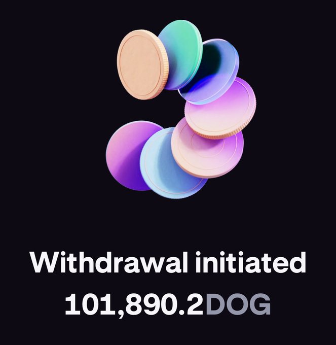 A dark-themed graphic showing colorful coin illustrations with the text 'Withdrawal initiated 101,890.2 DOG', indicating a Dogecoin transaction.