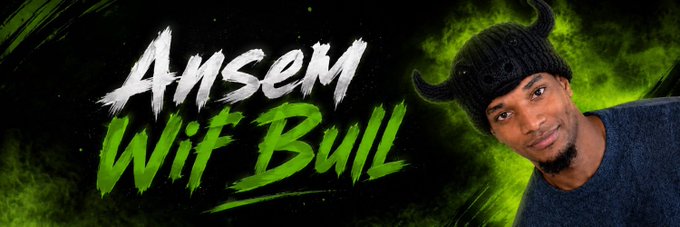 A promotional image features a man wearing a black horned beanie alongside the text "Ansem Wif Bull" displayed in white and green brushstroke lettering against a dark background with green smoke effects, directly branding the $ANSEM cryptocurrency token referenced in the post.